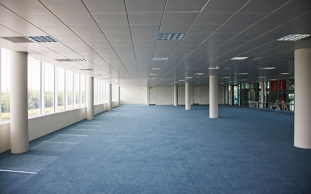 View of an empty office space waiting to be filled, with a blue carpet and the windows open letting the sun in on a clear day