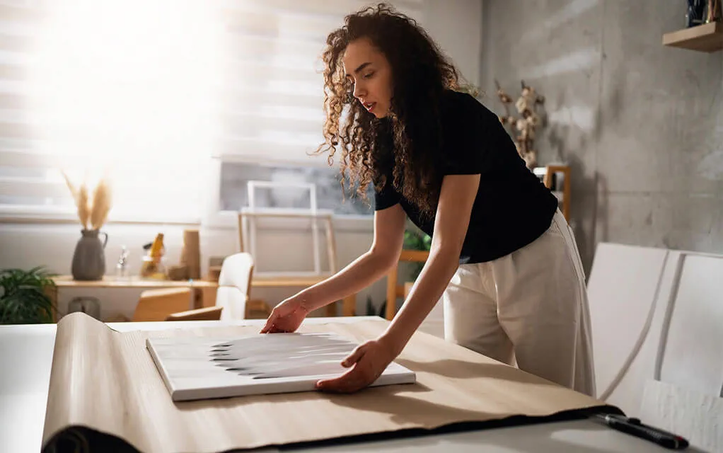 A young woman places a canvas painting on some rolled out cardboard paper to protect it for an upcoming move and shipping