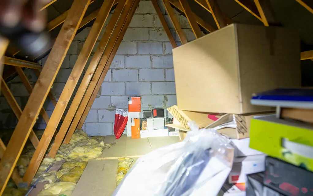 Some boxes and other items lay on the floor of and stacked in the attic of a home or building