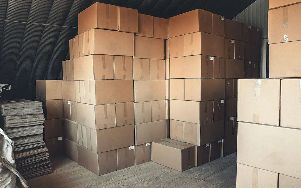 A large number of unmarked boxes all stacked on top of each other as well as a pile of newspapers stacked next to them sit in a attic space