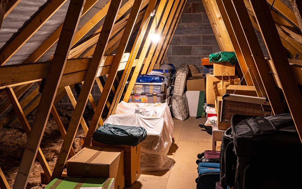 A number of boxes and items in bags and other coverings sit on the floor of a small attic space in a home as a single overhead lightbulb lights the space