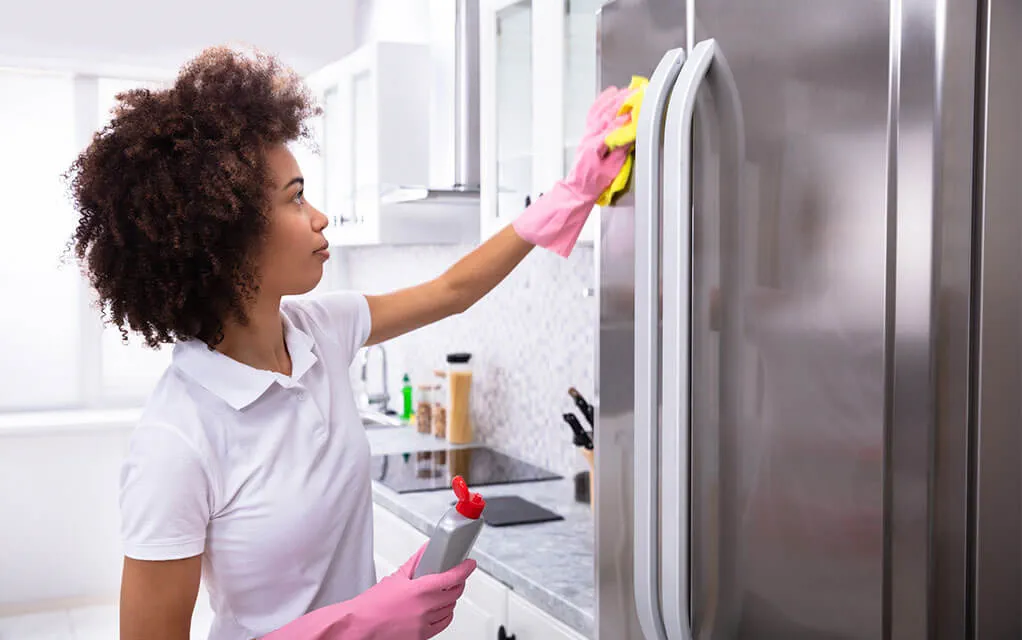 A young woman cleans the front of her stainless steel refrigerator using a special cleaning solution
