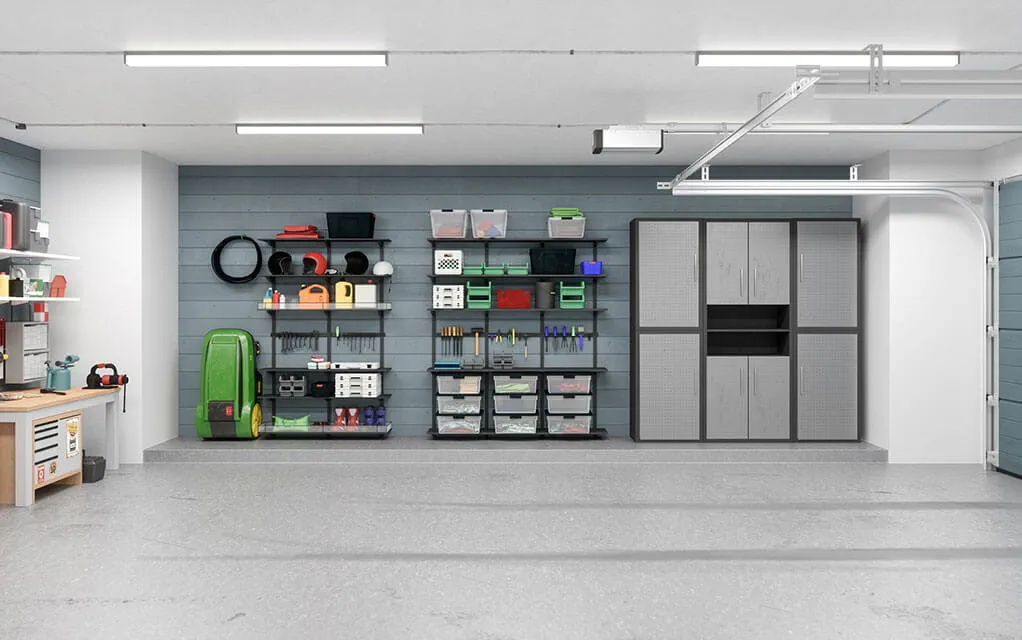 View inside an upscale home's clean and organized garage