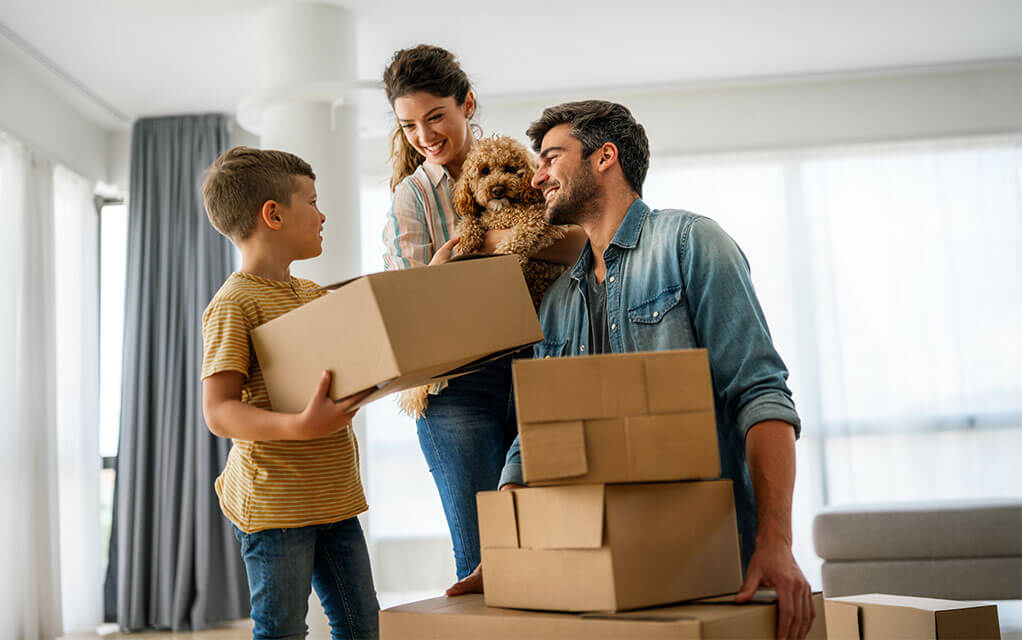 A young couple packs moving boxes in their living room as their young son carries a box over to the stack, as the mother holds a small golden doodle in her arms