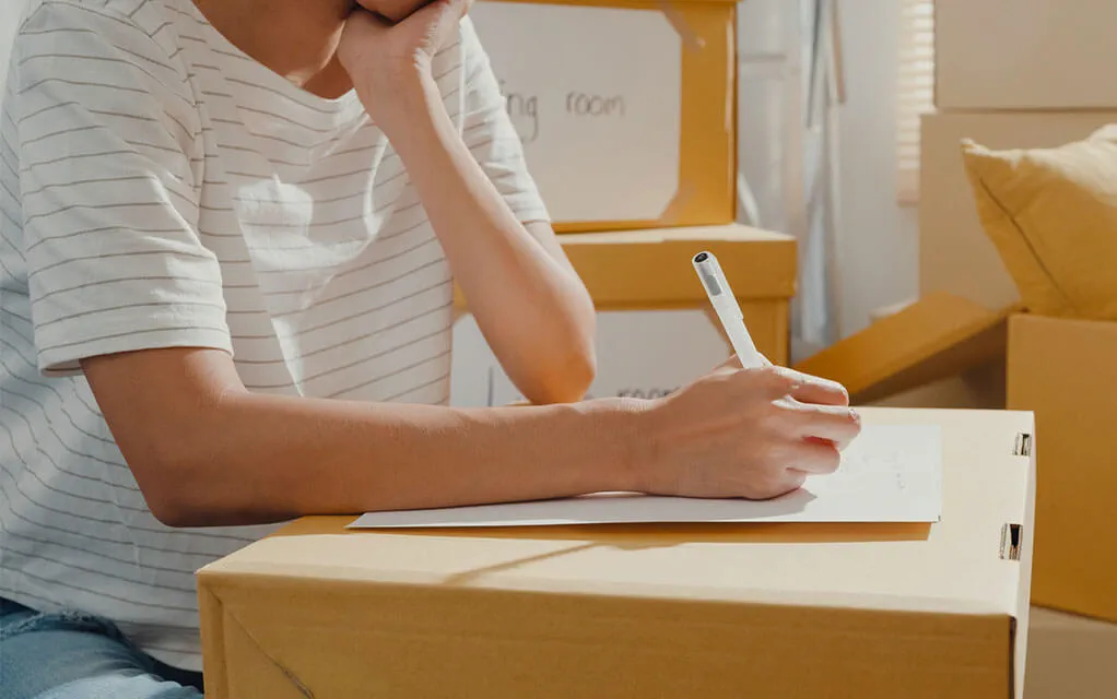 A person writes on their moving checklist situated on top of a moving box