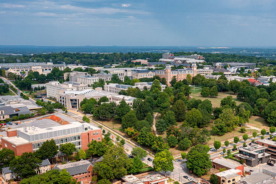 An aerial view of Fayetteville, Arkansas, and the University of Arkansas on beautifully sunny day