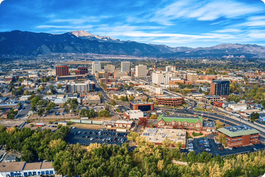 An overhead view of the city of Colorado Springs, CO on a bright sunny day