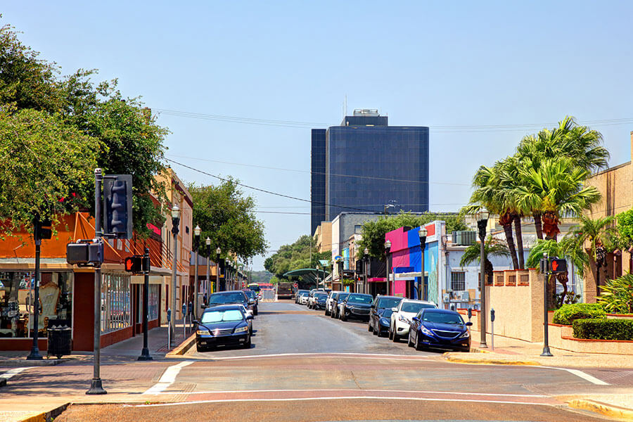 A view of downtown McAllen, TX on a bright and sunny day