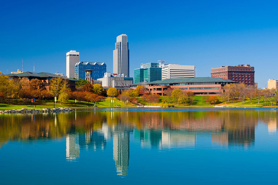 A view of downtown Omaha, Nebraska on a bright fall day