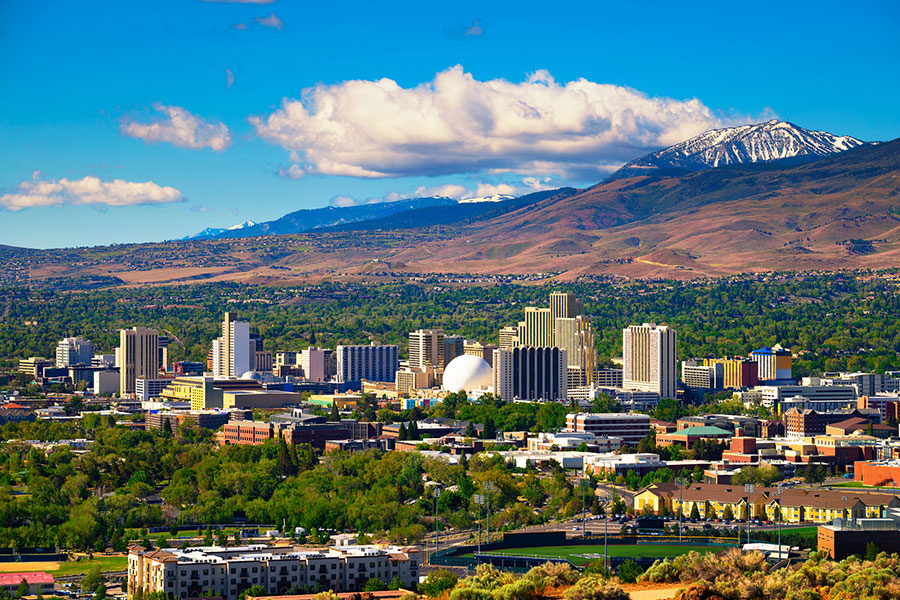 A view of the Reno, NV downtown skyline on a bright and sunny Spring day