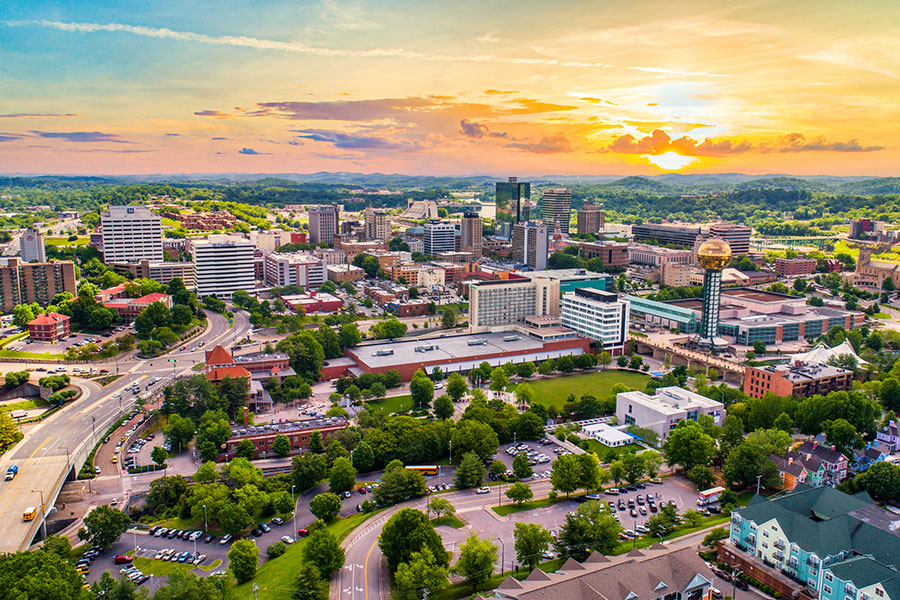 An aerial view of the Knoxville downtown area during sunset