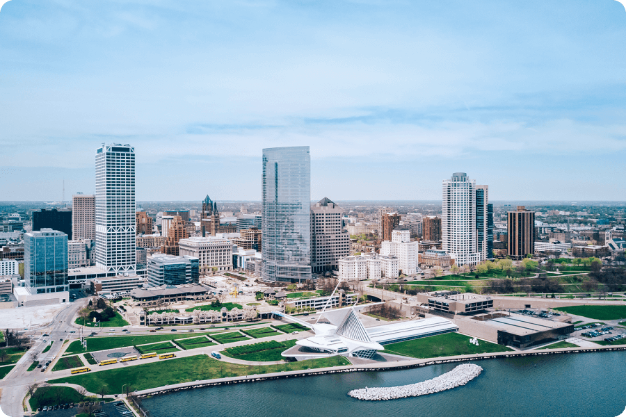 A skyline view of downtown Milwaukee, WI